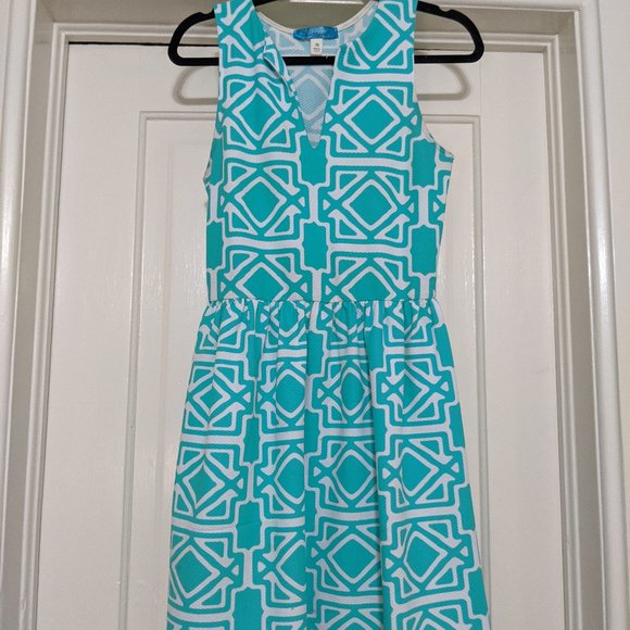 Aqua and White Fit and Flare Dress (S/M)